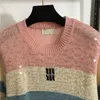 24 صيف مصممة مصممة مصممة مصممة مع ترتر خطوط مخططة Tirt Girls Milan Runway Crops Tops Designer Pullover قميص الملابس الخارجية سترة