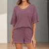 Survêtements pour femmes 2 pièces / ensemble femmes top shorts ensemble tricoté texture gaufrée manches courtes lâche homewear vêtements de sport pyjama d'été