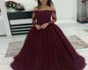 2019 Ball Gown Quinceanera Prom Dresses Burgundy Off Shoulder Lace Applique Long Sleeves Tulle Puffy Party Plus Size Evening Gowns1813990