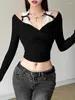 Women's T Shirts Bow Sexy Crop Tops Vintage Tshirts Women Patchwork Lace V Neck Long Sleeve Tunic Tees 2024 Ropa Mujer Cross Fashion Y2k