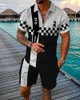 Men's Tracksuits Summer Trend Plaid Stripes Print Tracksuit Casual Zipper Collar Polo Shirt And Shorts 2pcs Sets Man Clothing Streetwear