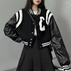 Women's Hoodies Black Baseball Jacket Women Y2k Long Sleeve Pu Patchwork Cropped Bomber Jackets Fashion Loose Outwear Streetwear Female