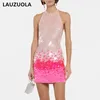 Casual Dresses 2024 Summer Fashion Elegant Gradient Sequin Dress Women Backless Sleeveless Club Birthday Party Pink Mini For