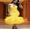 Sexy amarelo vestidos de cocktail querida renda applique chá comprimento babados saia vestido de noite vestido de baile de menina africana8210911