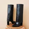 Boots Stone Pattern Folding Design Mid-Calf Women Autumn Fashion Pointed Toe Big Size 43 Chunky Heel Booties For Ladies