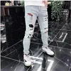 Men's Jeans 2024Mens Ripped Patchwork Stretch Slim Fit Trousers Drilling Skull Street Fashion Men Denim Punk Pants Vaqueros Hombre