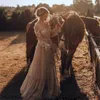 Rustic Country Cowgirl Wedding Gowns 2022 Champagne Lace Farm Bohemain V Neck Long Sleeves A Line Hippie Bridal Dresses Sexy Vestidos De Novia Plus Size CG001