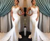 Elegant Mermaid Wedding Dresses Sheer Jewel Neck Satin Appliques Sleeveless Sweep Train Lace Wedding Dress Custom Made Country Bri7138838