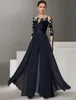 Elegant Long Navy Blue Chiffon Jumpsuit Mother of the Bride Dresses A-Line Lace Shear Neck Pantsuit Godmother Dresses Formal Party Gown Floor Length Women Dresses