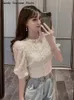 Out Shirt Vintage Puff Sleeve Korean Women Shirts Fashion Chic Tops Crochet Top Blouse Women Sexy Hollow 240320