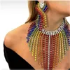 Lindo cristal arco-íris borla corrente oversize colar babador brincos conjunto de jóias para mulheres acessórios de casamento 240305