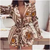 İki Parça Elbise Lessverge Floral Baskı Altın 2 Set Kadınlar Blazer Şort Uzun Kollu Seksi V Boyun Kat Takım Kış Kıyafetleri Topluluk Damlası Dhoji