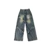 Jeans pour hommes bouton en métal jambe large hip-hop européen et américain high street personnalisé évider pantalon droit lâche pour hommes