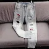 Men's Jeans 2024Mens Ripped Patchwork Stretch Slim Fit Trousers Drilling Skull Street Fashion Men Denim Punk Pants Vaqueros Hombre