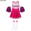 Ärmelloses Tanzkostüm für Mädchen, Cheerleading-Uniform, Kinder-Cheerleader-Outfit, Rundhalsausschnitt, Kleid mit Buchstabendruck, Blume und Socken 240305