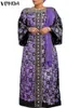 Vrouwen Boheemse Jurk VONDA 34 Flare Mouw Casual Losse Ruches Gedrukt Zonnejurk Stand Kraag Party Maxi Vestido Oversizd 240314