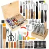 424 Pcs Tools, Working Tools and Supplies, Craft Kits with Instructions, Sewing Kit, Tool Holder, Wooden Storage Box, Leather Stamping Set