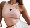 Prrra Summer White Women Tops Tees Crop Top Embroidery Sexig Off Shoulder Black Tank Top Casual ärmlös Backless Top Shirts Luxury Designer Solid Color Vest