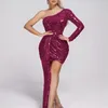 Casual Dresses One Shoulder Sequined Women's Dress Long Sleeve Sexig Slim Pleated Short with Ribbon Gowns Party Evening