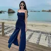 Casual Dresses Summer Backless Beach Long Dress For Women Fashion Sleeveless Strapless Blue Plaid Vintage Elegant Sexy Club Party