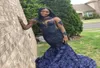 Lacivert siyah kızlar deniz kızı gece elbiseler uzun kollu el yapımı çiçekler kepçe boyun dantel aplike süpürme tren balo elbise 7339615