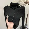 Kvinnors tröjor Sexig Hallow Out Halter Sticked Top For Women 2024 Autumn Solid Base Long Sleeve Bottoming tröja Skjorta