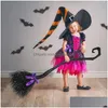 Andra evenemangsfestleveranser Halloween Witch Broom med Colorf Ribbon Children Flying Broomstick Props Masquerade Accessories Decor Drop Dhiun