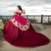 Roter Glitzer, schulterfrei, mit Falten, Ballkleid, Quinceanera-Kleid, Applikationen, Perlen, Korsett, Party, Abschlussball, Vestidos 15. Dezember 2015