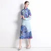 Work Dresses Elegant Blue Printing Two Piece Set For Women's Bow Lace Up Long Sleeve Shirt Designer Pleats Midi Skirt Suit Lady Fall Outfits