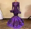 Arabisch Lila Langarm Meerjungfrau Prom Kleider Pailletten Perlen Applizierte Dubai Promi Abendkleider Robe de soiree9580552