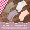 Chaussettes en coton pour femmes, 5 paires, motif planète, mode, dessin animé, bas décontracté, broderie pour