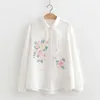 Kvinnors blusar Spring Autumn Women Double Cotton Yarn Flower Print Shirt White Color Long-Sleeved Casual Sweet Loose Blouse Tops U048