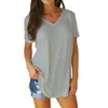 Summer solid V-neck short sleeved loose T-shirt hem arc womens dress 240320