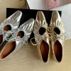 Lägenheter Leshion of Chanmeb Real Leather Flat Shoes Women Spring Elastic Pleated Laceup Bowtie Mary Janes Flats Silver Gold Shoes 3244