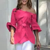 Women's Blouses Women Shirt Summer Blouse Elegant Skew Collar Lace-up Waist With Flared Half Sleeve Solid Color