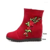 Botas PXELENA Diseño Bordar Floral Mujeres Tobillo Punta Redonda Flock Altura Aumento Tacones Altos Zapatos Cortos Femeninos 34-43