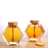 Storage Bottles Hexagonal Glass-Honey Bottle Wooden Stirring Rod Honey Packaging 100ML/220ML/380ML Small Container Jar