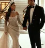 2024 دبي العربي الزفاف الزفاف فستان الزفاف قبالة الكتف الأكمام الطويلة الترترات الخرز الزفاف العرسات