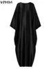 Bohemian Long Sleeve Satin Dress VONDA Summer Women Vintage Printed Sundress Patchwork Casual Loose V-Neck Party Maxi Robe 240314
