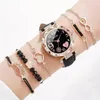 Link Bracelets Quartz Watch Hollow Bracelet Set Women's Rhinestone With Leaf Heart Pattern Hollowed Beads 6pcs Round Dial