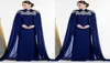 Arabic Dark Blue Dubai Evening Dresses With Cape Beaded High neck Fitted Mermaid Long Prom Dress Long Sleeve Kaftan Morocco Mom Dr7178447