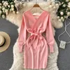 Yuoomuoo Women Dress Autumn Winter Elegant Sash Bandage Bodycon Mini Mini Dress Chic Fashion Y2Kニットレディースドレスパーティー240314