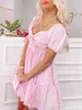 Robes décontractées Femmes Rose Princesse Robe Puff Manches Courtes Col Bateau A-ligne Mini Plaid Imprimer Fête Froncé