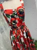 Womens Dress European Fashion brand Cotton red sea anemone floral printed gathered waist slip mid dress