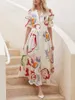 Berömda Brand2024 Spring Womens Beach Dress Slim Fit Large Four Four -Sided Elastic Print Long Dress