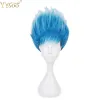 Perruques YYsoo Court Ombre Bleu Blanc Couleur Synthétique Ondulée Perruque Courte Cheveux Bouclés Perruques pour Hommes Adulte Halloween Cosplay Costume Perruque Pour Hommes