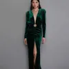 Seksi Hunter Yeşil Akşam Partisi Elbise 2024 V Yastık Uzun Kollu Silt Velvet Denizkızı Resmi Balo Gowns Robe De Soiree Vestidos De Bayram