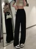 Damenhosen mit hoher Taille, Anzüge für Damen, koreanische Mode, solide, 2 Knöpfe, breite Beinhosen, Büro-Damen, lässig, in voller Länge