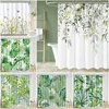 Dusch gardiner grön växt badrum akvarellblad eukalyptus tyg tygdekor med krokar