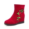 Botas PXELENA Diseño Bordar Floral Mujeres Tobillo Punta Redonda Flock Altura Aumento Tacones Altos Zapatos Cortos Femeninos 34-43